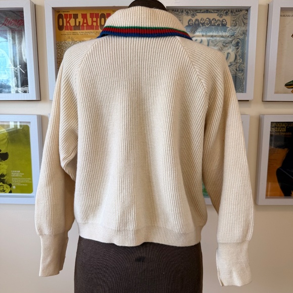 Vintage 70s Handmade Cream Knit Cardigan With Stripe Trim - Picture 2 of 8